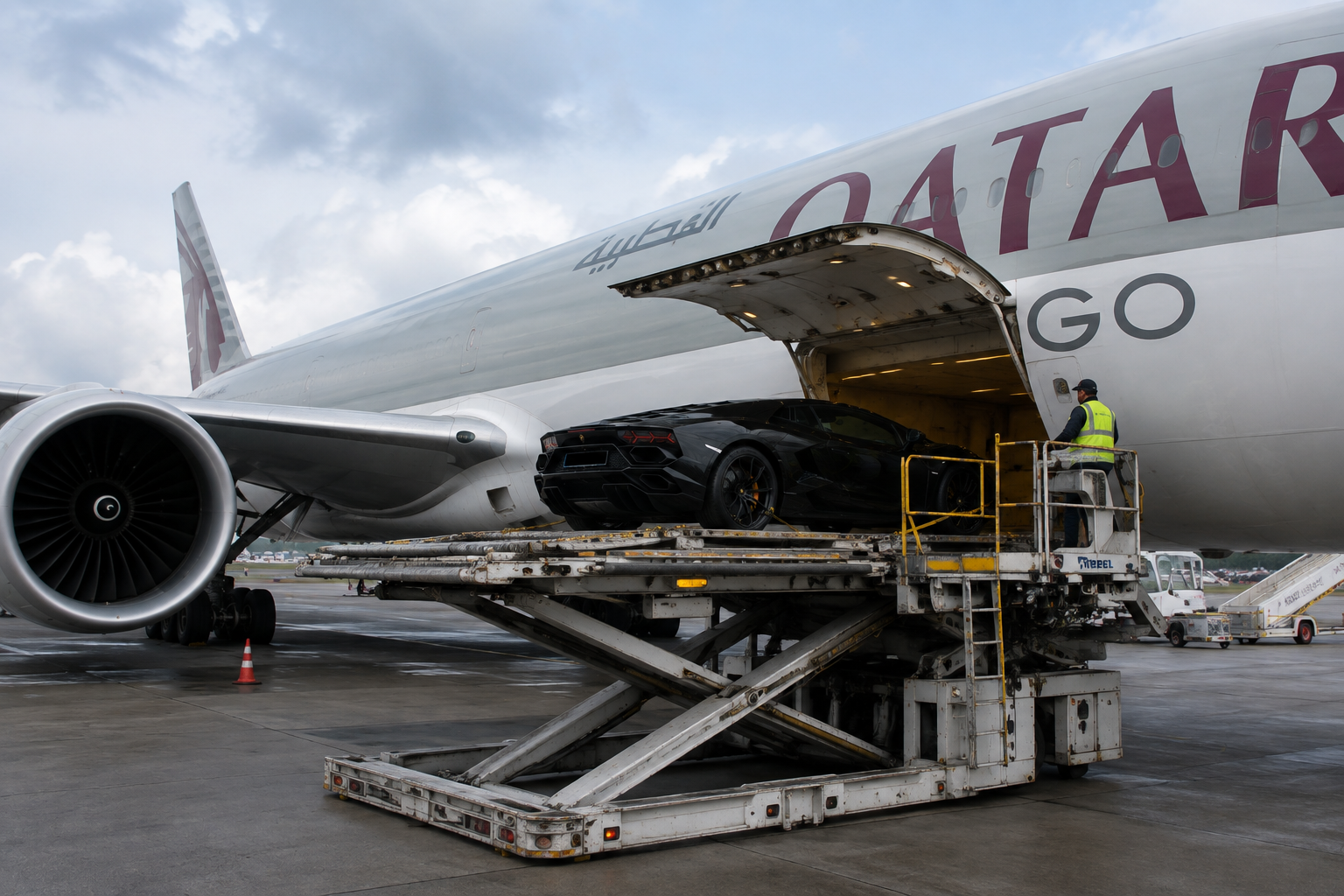 A luxury car being loaded into a cargo aircraft for international air freight